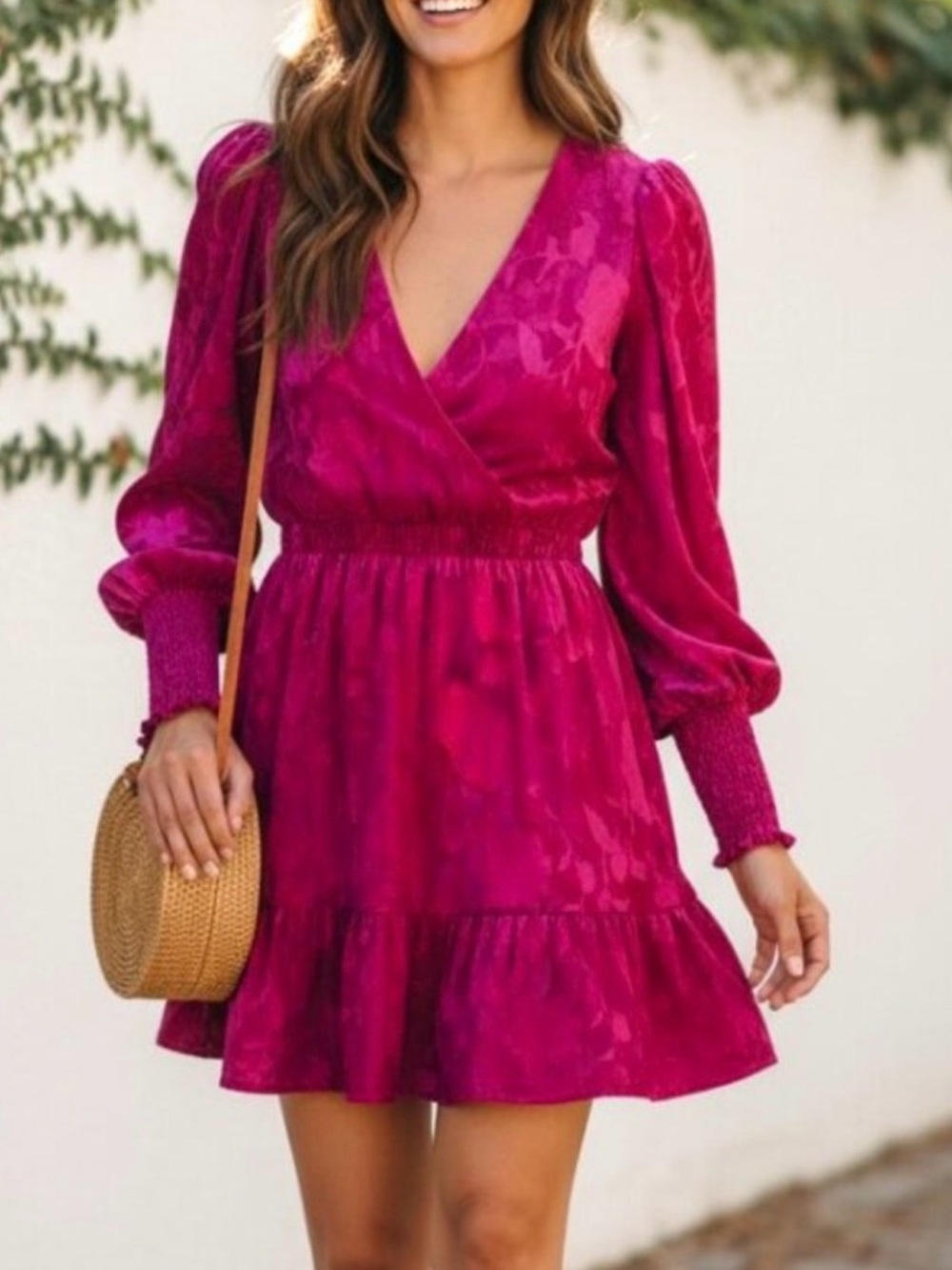 Evereve Fushia  Floral Jacquard Long-Sleeve V-Neck Smocked Dress
